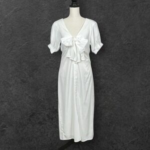 Lucca Cottagecore Bow Front Button Up Dress Womens L Puff Sleeve Coastal Chic